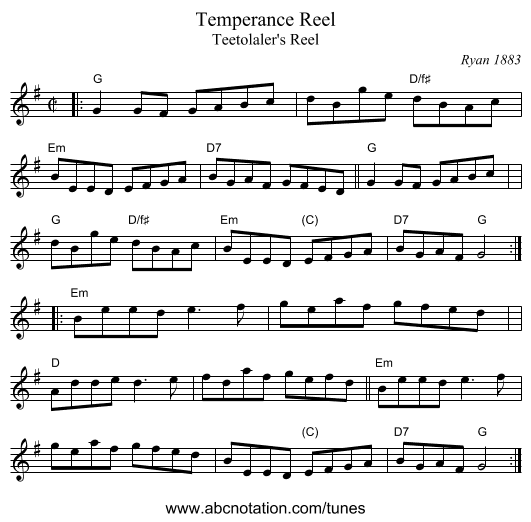 Temperance Reel - staff notation