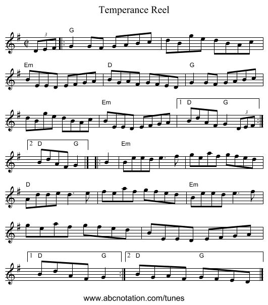 Temperance Reel - staff notation