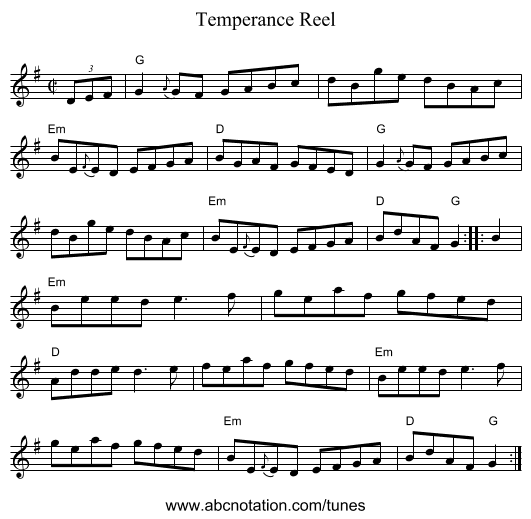 Temperance Reel - staff notation