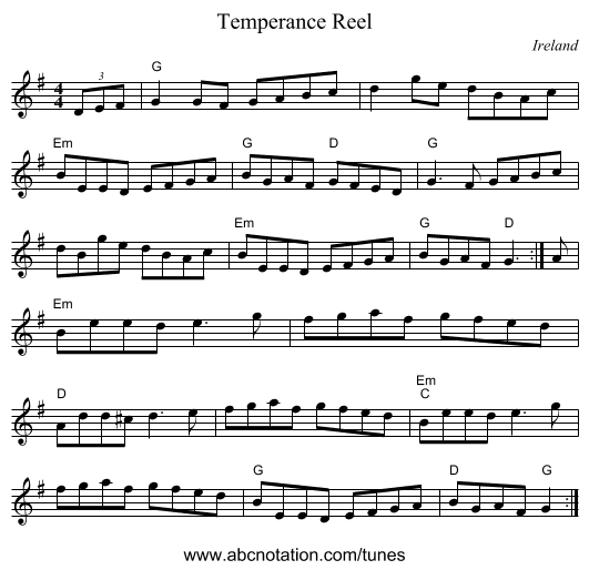 Temperance Reel - staff notation