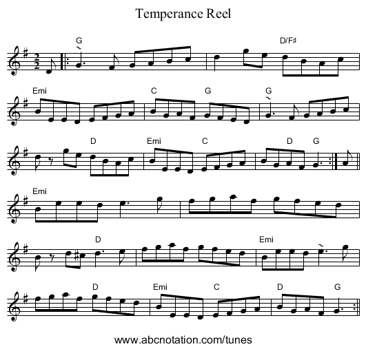 Temperance Reel - staff notation