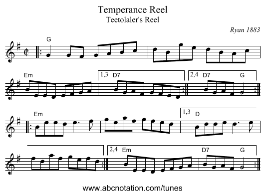 Temperance Reel - staff notation