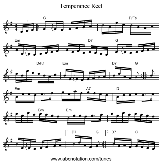 Temperance Reel - staff notation