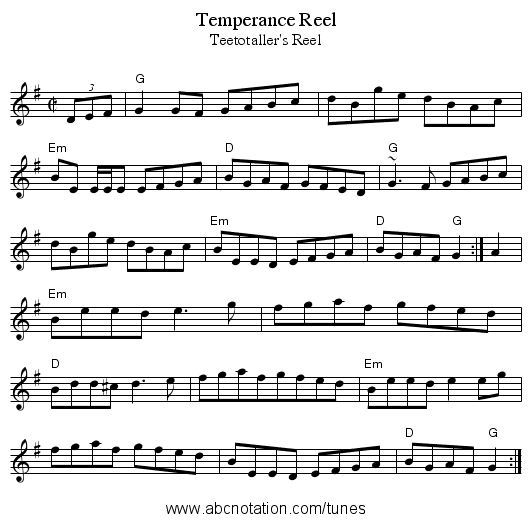 Temperance Reel - staff notation
