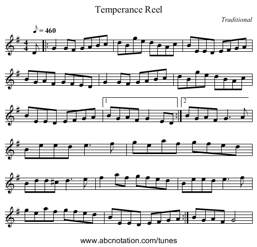 Temperance Reel - staff notation