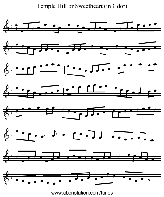 Temple Hill or Sweetheart (in Gdor) - staff notation