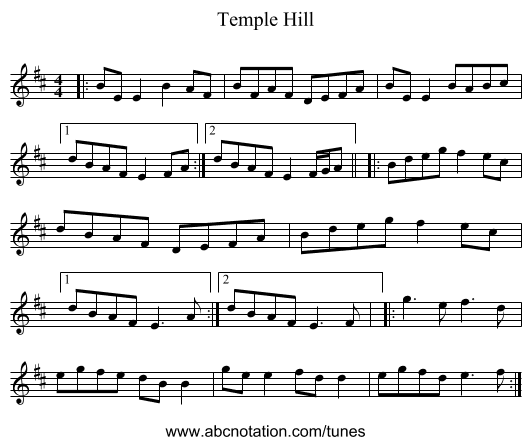 Temple Hill - staff notation