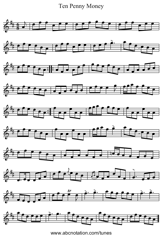 Ten Penny Money - staff notation