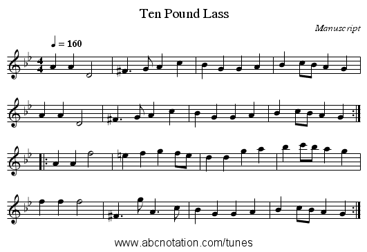 Ten Pound Lass - staff notation