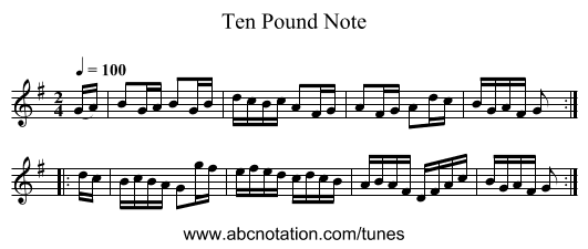 Ten Pound Note - staff notation