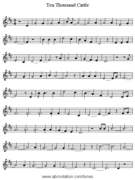 Ten Thousand Cattle - staff notation