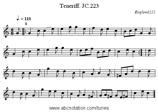 Teneriff. JC.223 - staff notation