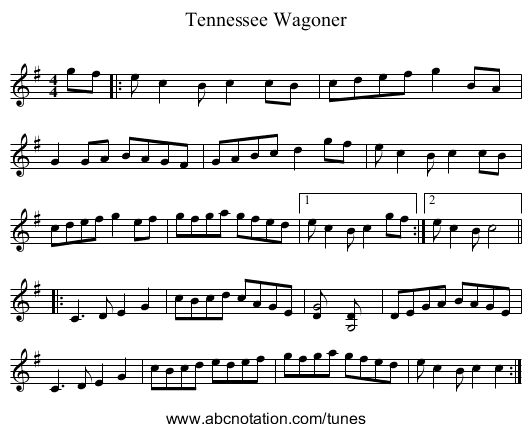 Tennessee Wagoner - staff notation