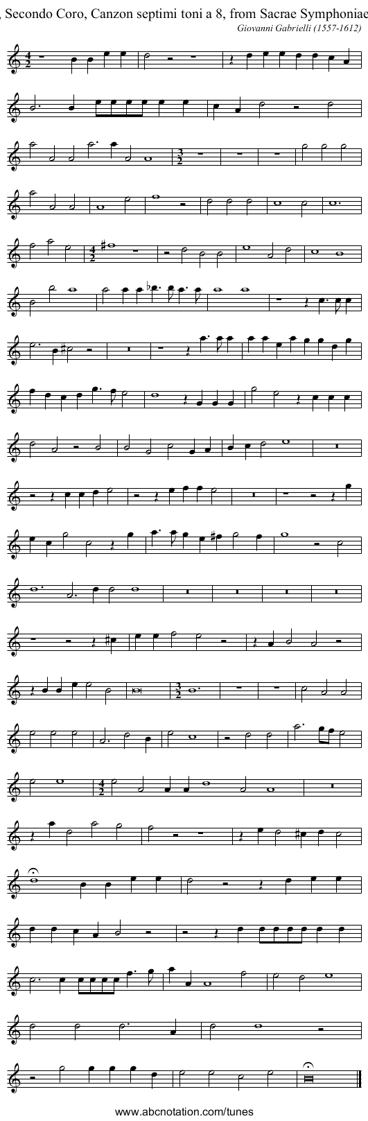 Tenore, Secondo Coro, Canzon septimi toni a 8, from Sacrae Symphoniae (1597) - staff notation