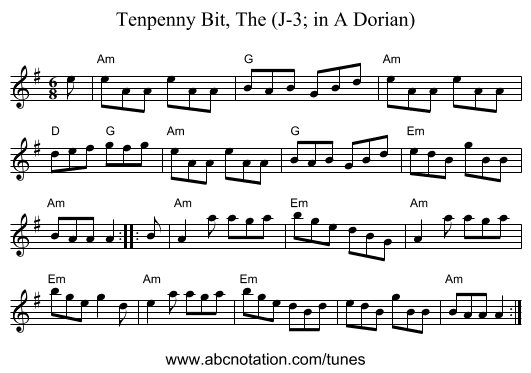 Tenpenny Bit, The (J-3; in A Dorian) - staff notation