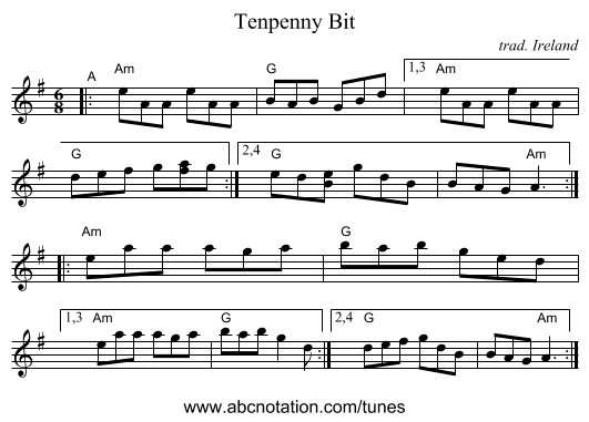 Tenpenny Bit - staff notation