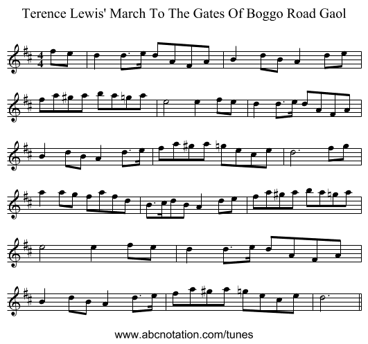 Terence Lewis' March To The Gates Of Boggo Road Gaol - staff notation