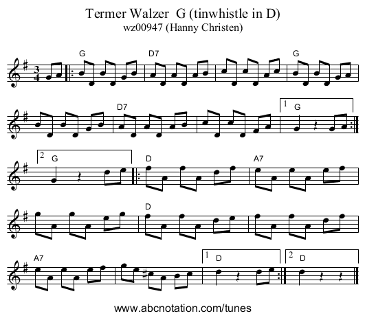 Termer Walzer  G (tinwhistle in D) - staff notation
