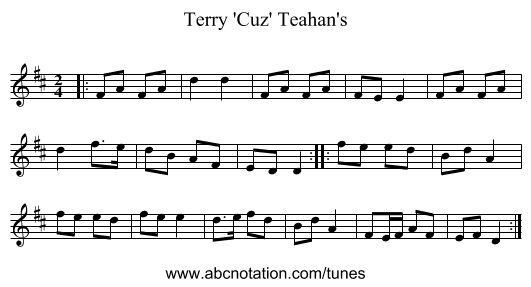 Terry 'Cuz' Teahan's - staff notation