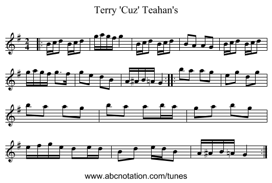 Terry 'Cuz' Teahan's - staff notation