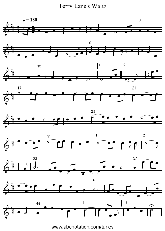 Terry Lane's Waltz - staff notation