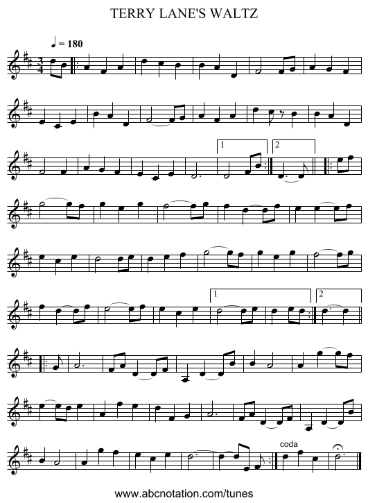TERRY LANE'S WALTZ - staff notation