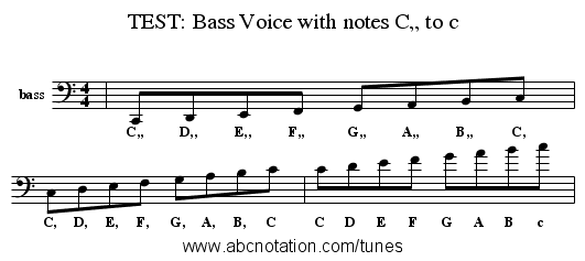 TEST: Bass Voice with notes C,, to c - staff notation
