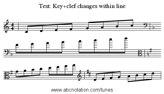 Test: Key+clef changes within line - staff notation