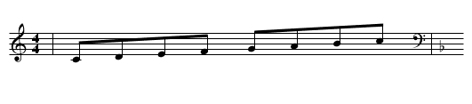 Test: Key+clef changes within line - staff notation