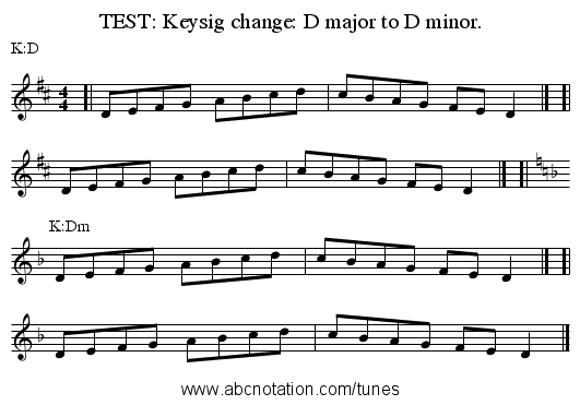 TEST: Keysig change: D major to D minor. - staff notation