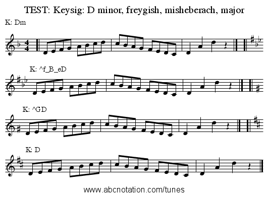 TEST: Keysig: D minor, freygish, misheberach, major - staff notation
