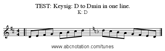 TEST: Keysig: D to Dmin in one line. - staff notation