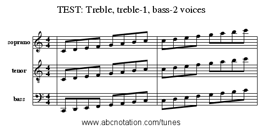 TEST: Treble, treble-1, bass-2 voices - staff notation