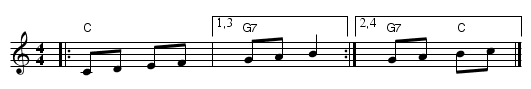TEST: Two multiple endings, with chords. - staff notation