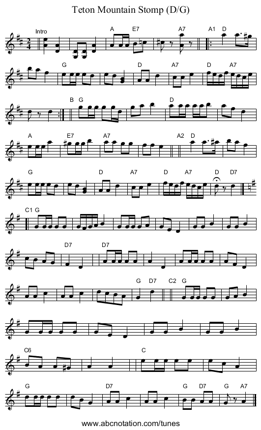 Teton Mountain Stomp (D/G) - staff notation