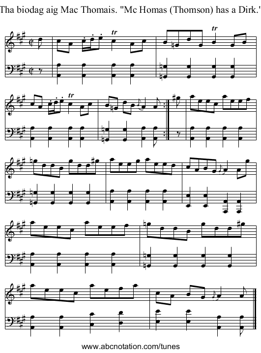 Tha biodag aig Mac Thomais. Mc Homas (Thomson) has a Dirk. - staff notation