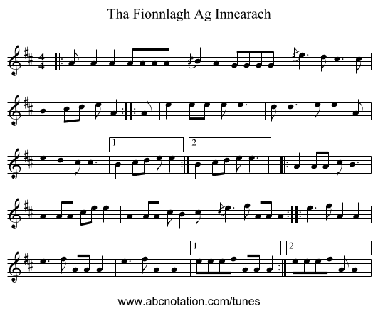 Tha Fionnlagh Ag Innearach - staff notation