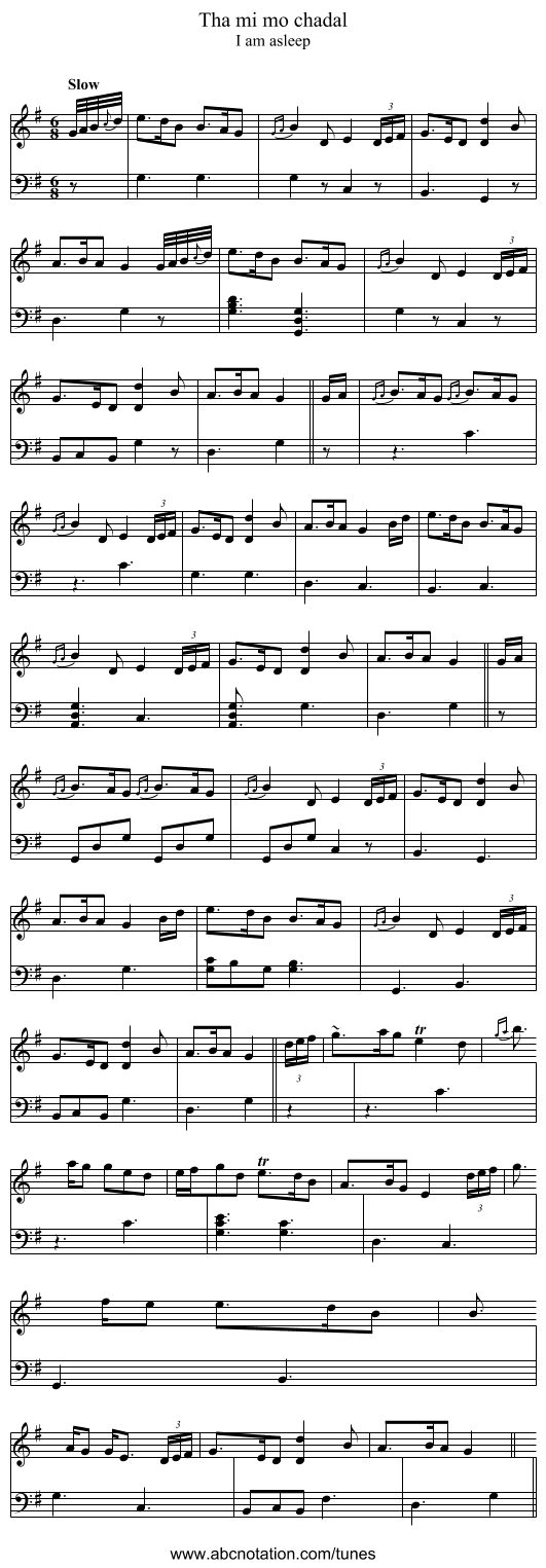 Tha mi mo chadal - staff notation