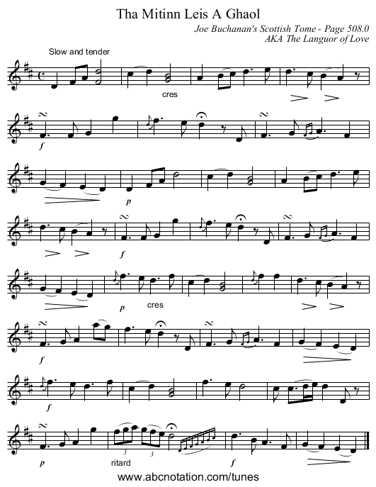 Tha Mitinn Leis A Ghaol - staff notation