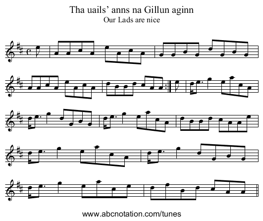 Tha uails’ anns na Gillun aginn - staff notation