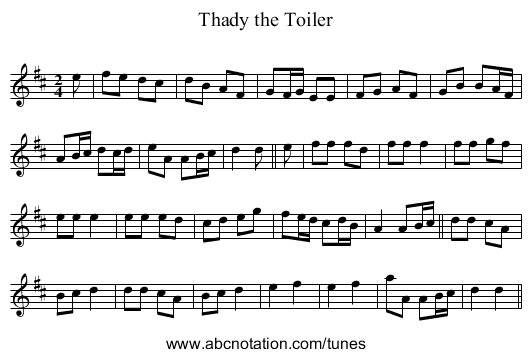 Thady the Toiler - staff notation