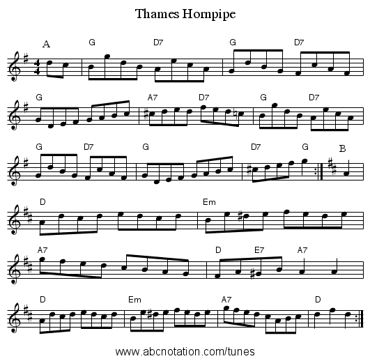 Thames Hornpipe - staff notation