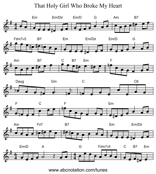 That Holy Girl Who Broke My Heart - staff notation