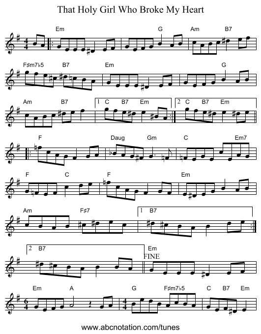 That Holy Girl Who Broke My Heart - staff notation