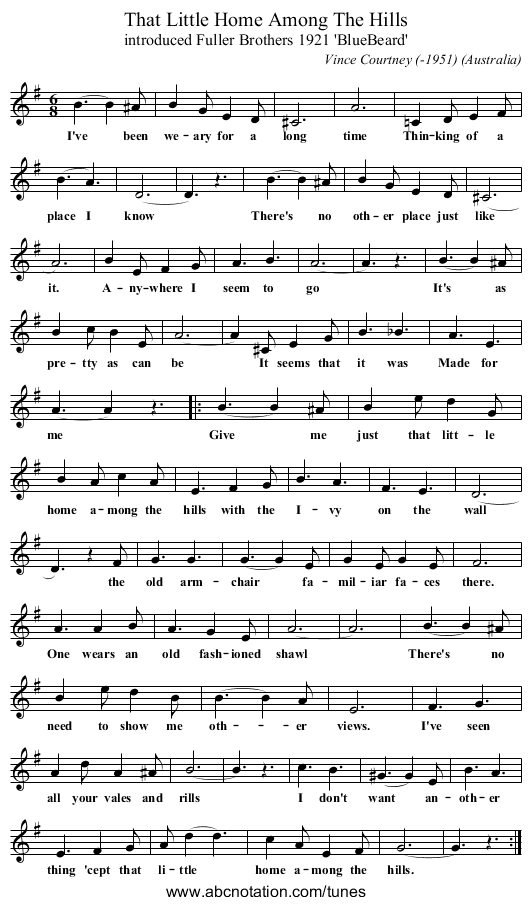 That Little Home Among The Hills - staff notation