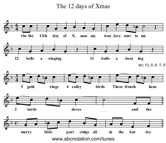The 12 days of Xmas - staff notation