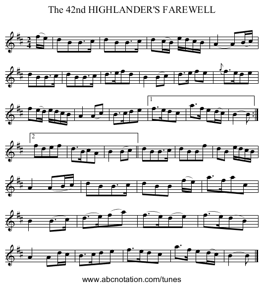 The 42nd HIGHLANDER'S FAREWELL - staff notation