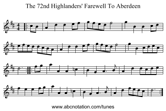 The 72nd Highlanders' Farewell To Aberdeen - staff notation