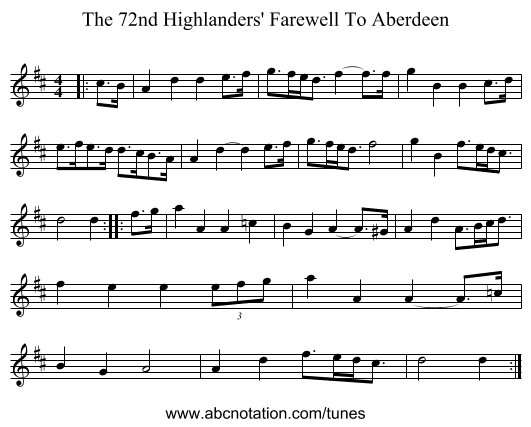 The 72nd Highlanders' Farewell To Aberdeen - staff notation