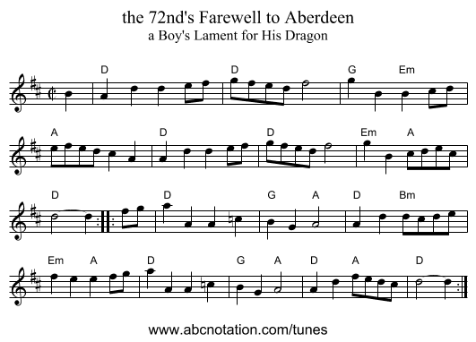 the 72nd's Farewell to Aberdeen - staff notation